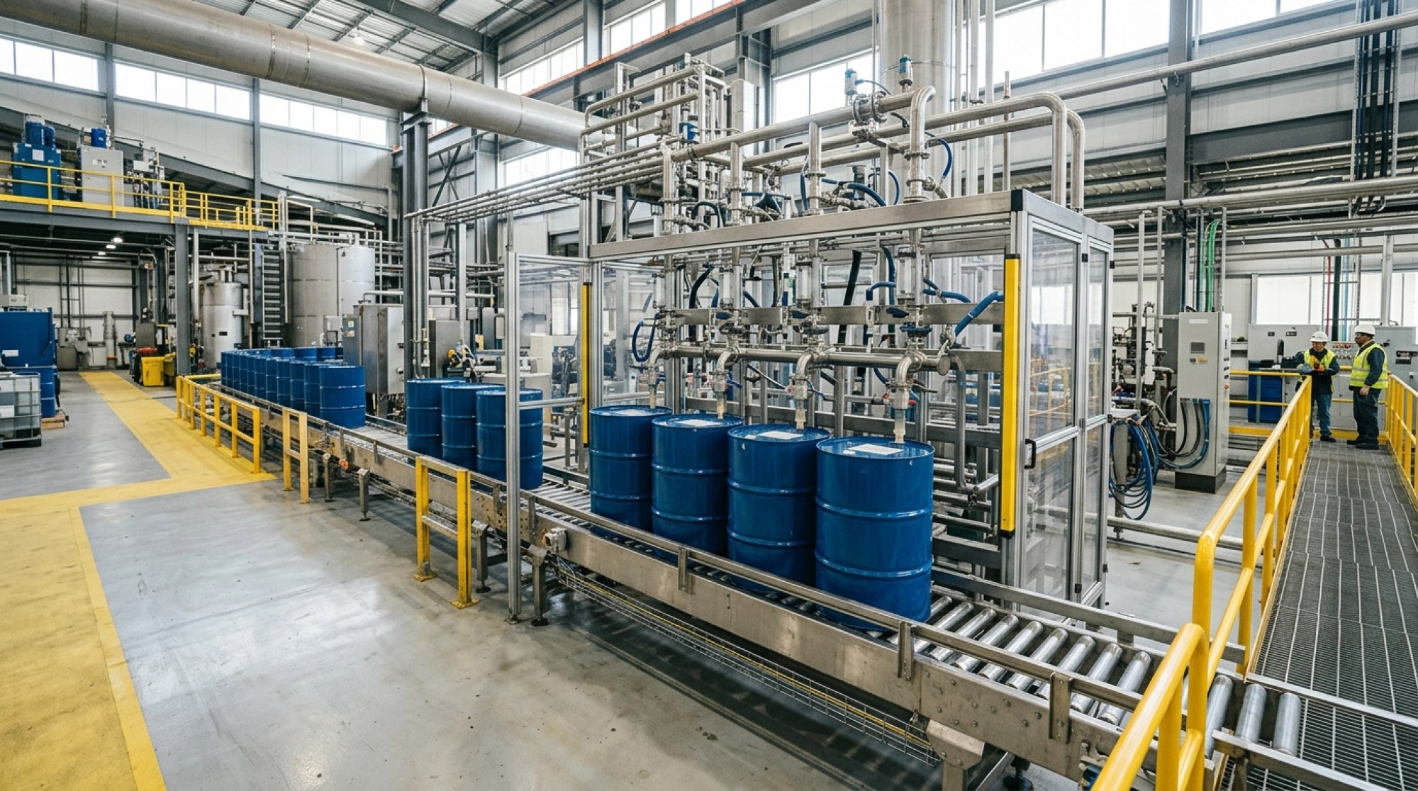 Automated chemical liquid drum filling line in modern factory