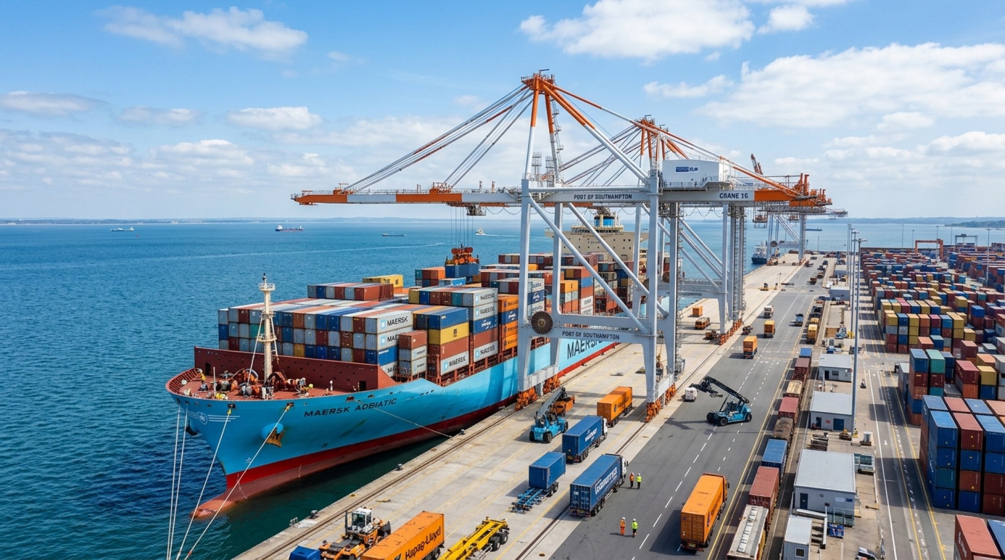 Commercial container ship docked at trading port terminal
