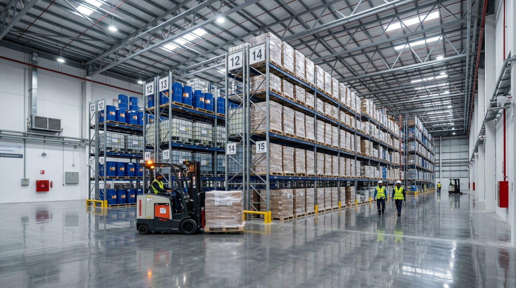 Modern industrial chemical warehouse with blue drums and pallet racking